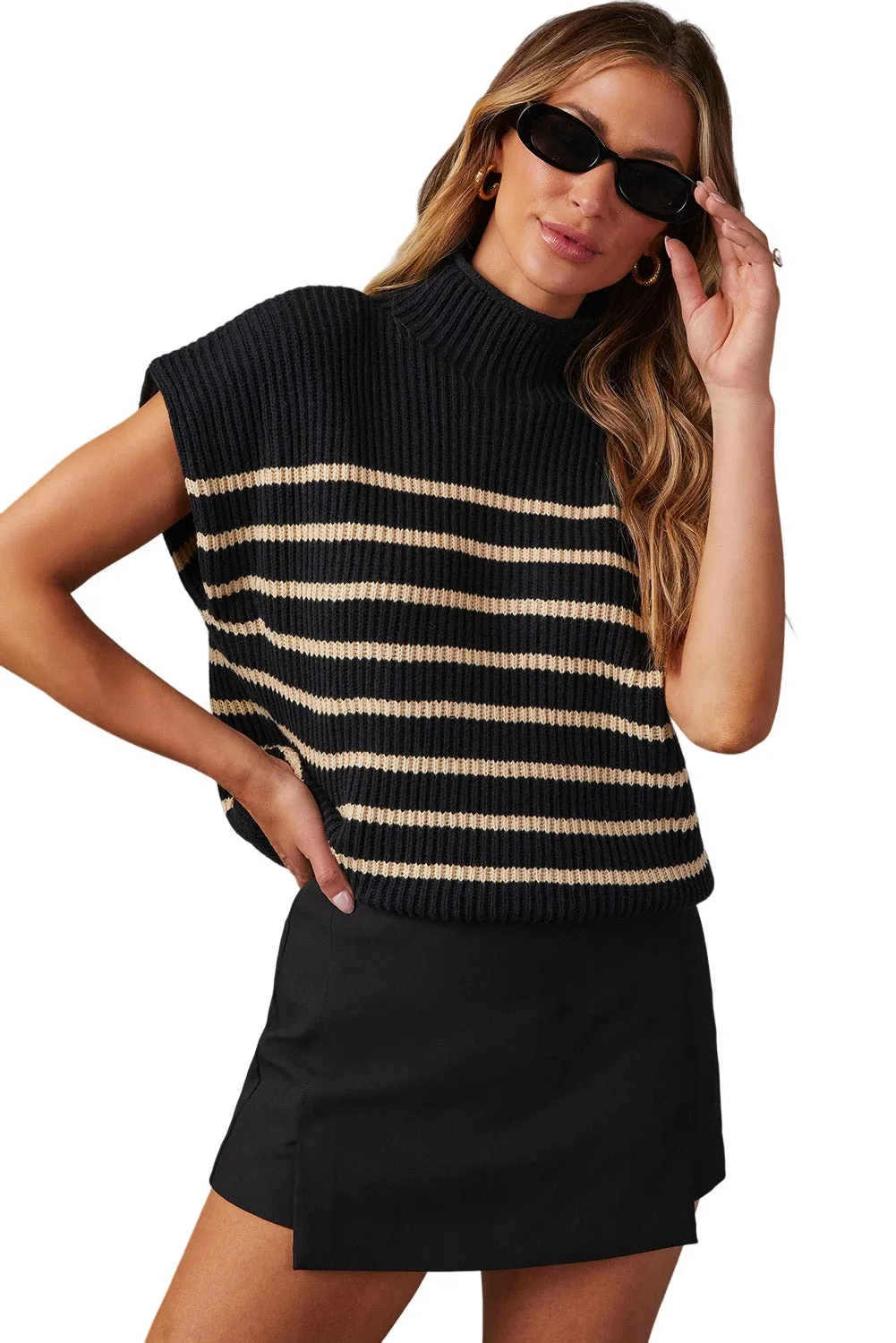 Black Striped Ribbed Knit High Neck Sweater