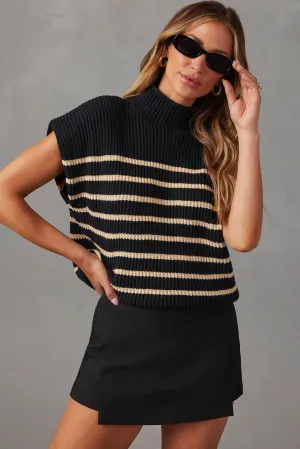 Black Striped Ribbed Knit High Neck Sweater