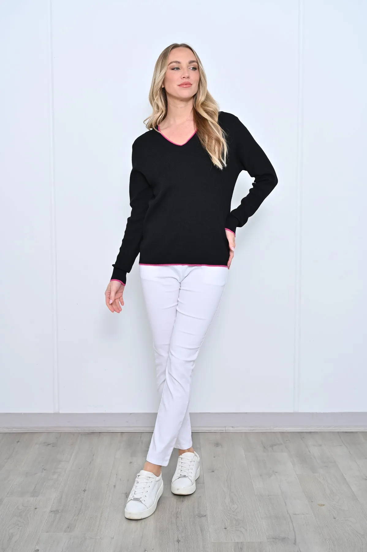 Black V Neck Contrast Line Jumper