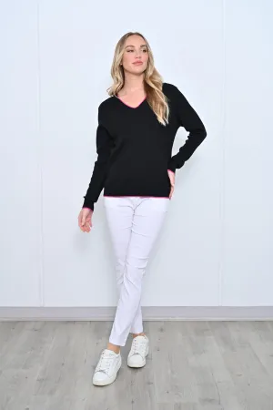 Black V Neck Contrast Line Jumper