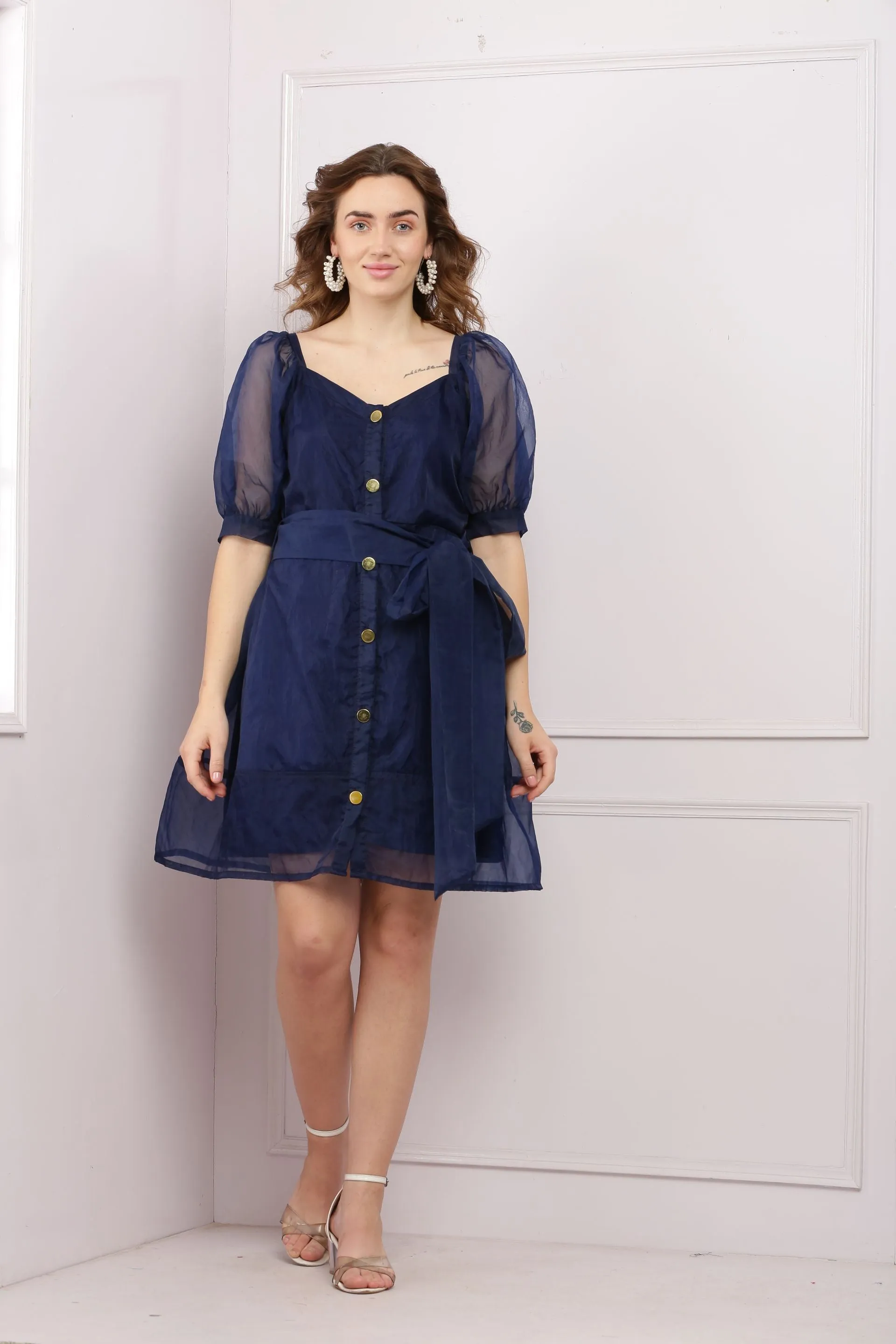 Blue Organza Dress With Puffed Sleeves