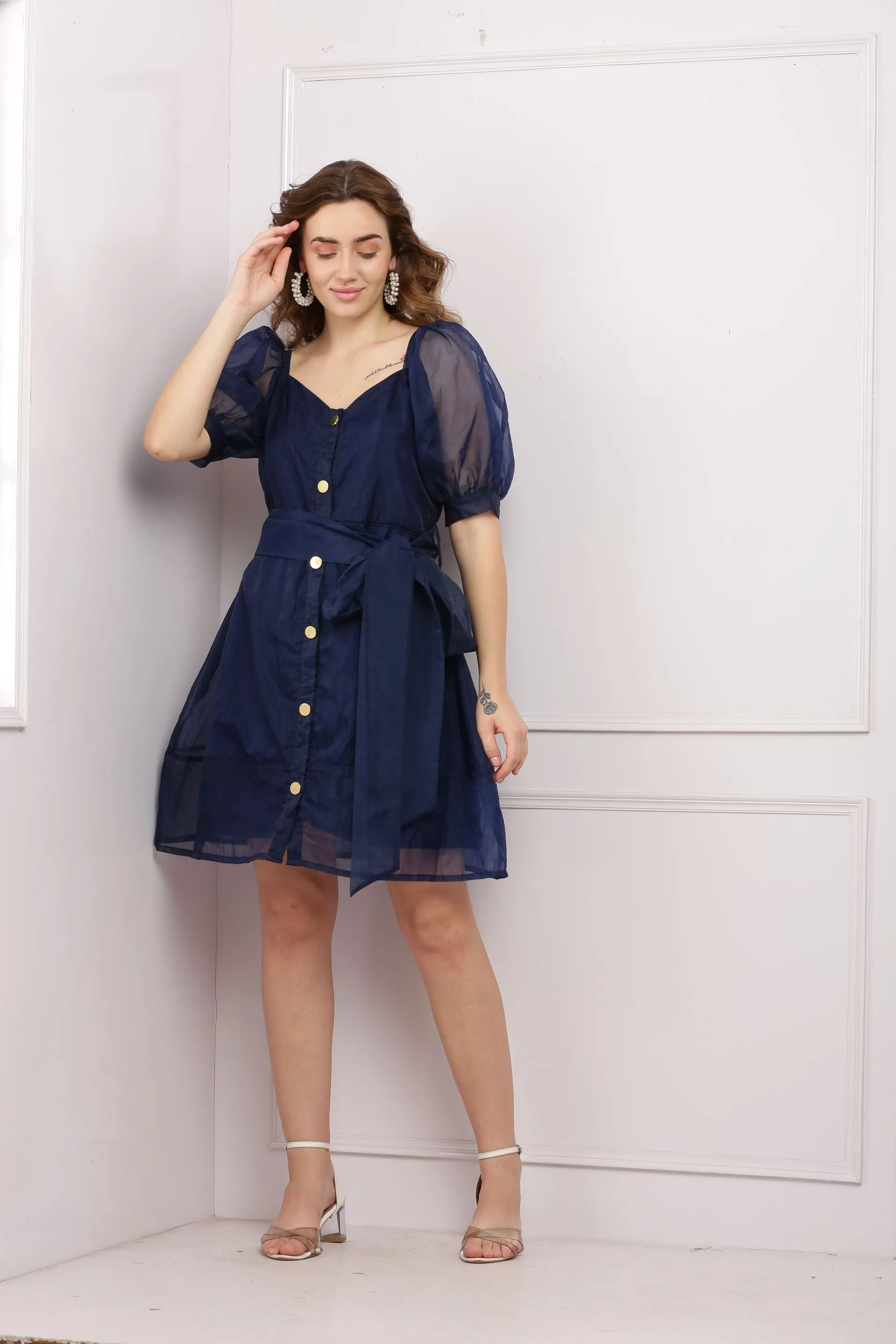 Blue Organza Dress With Puffed Sleeves