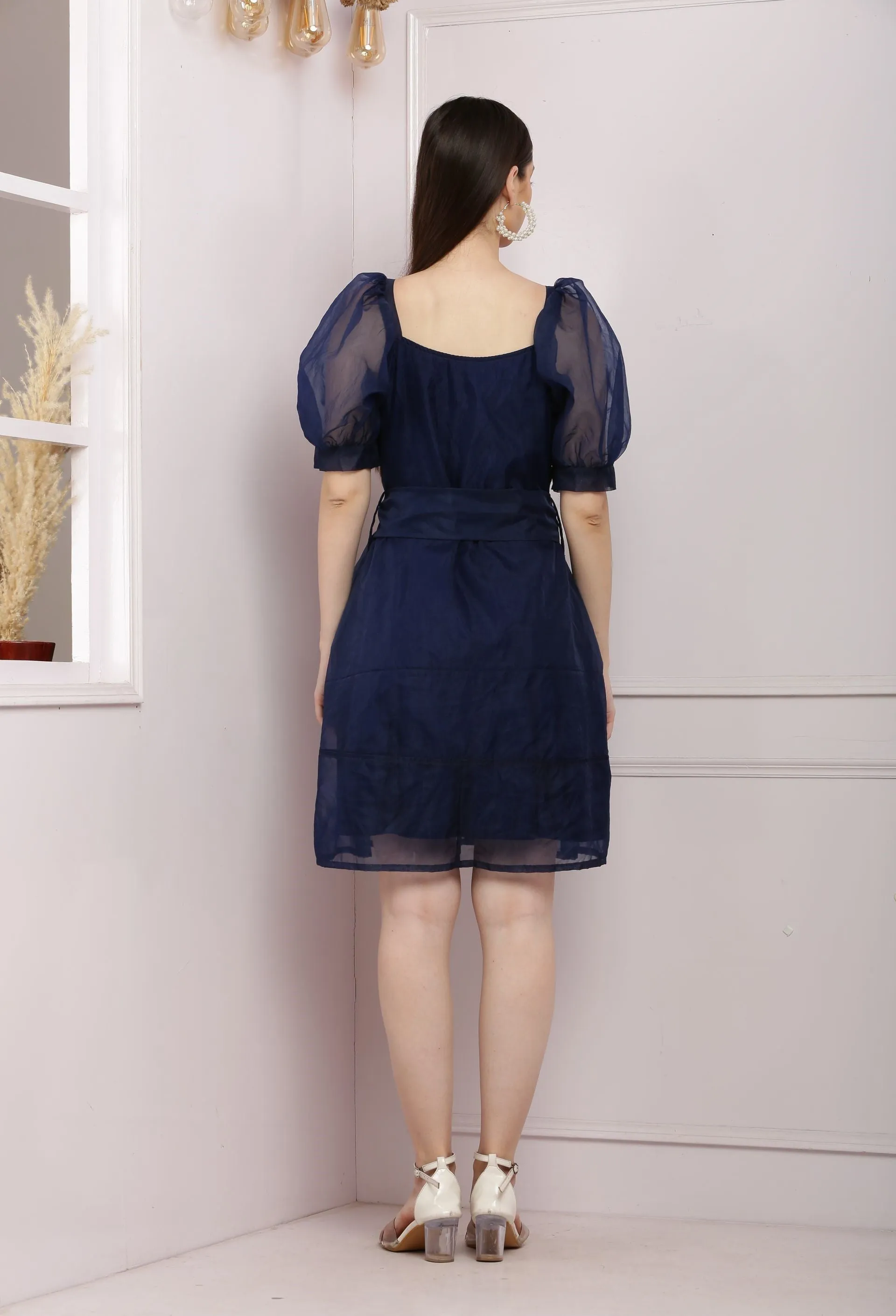 Blue Organza Dress With Puffed Sleeves