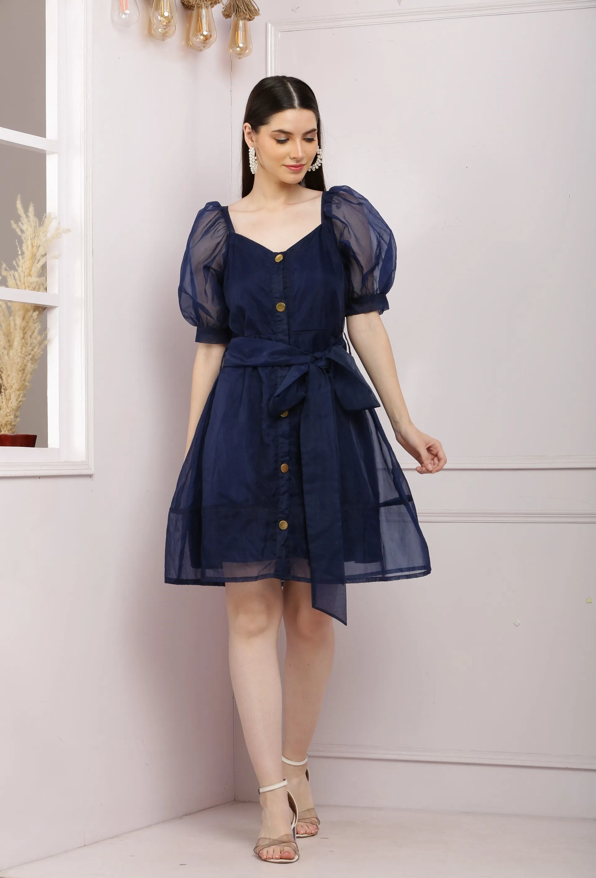 Blue Organza Dress With Puffed Sleeves