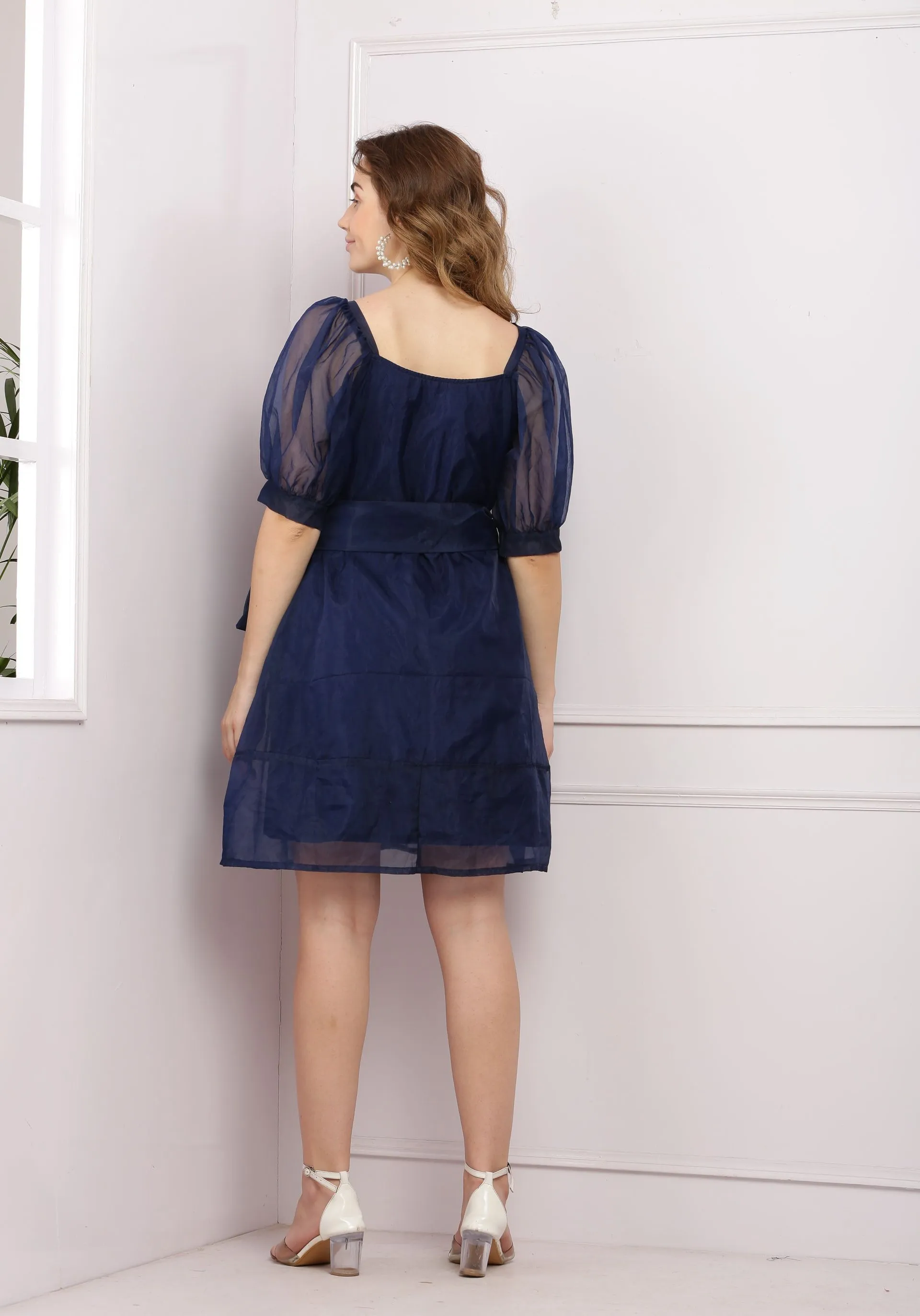 Blue Organza Dress With Puffed Sleeves