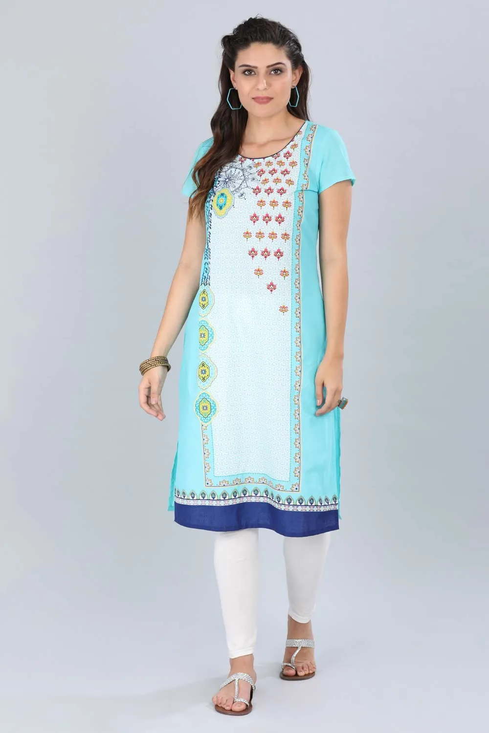 Blue Round Neck Printed kurta