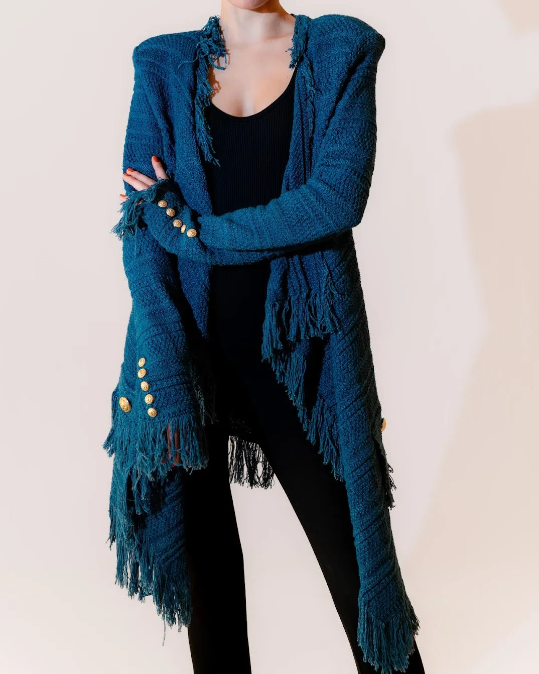 Blue Textured Knit Fringed Open Front