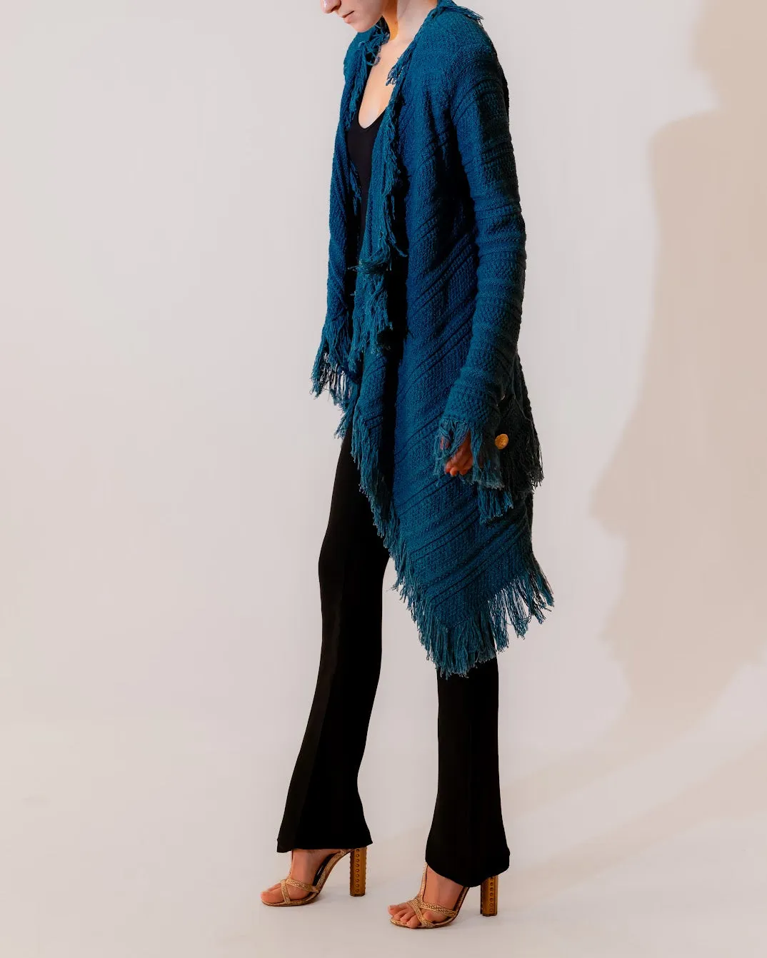 Blue Textured Knit Fringed Open Front