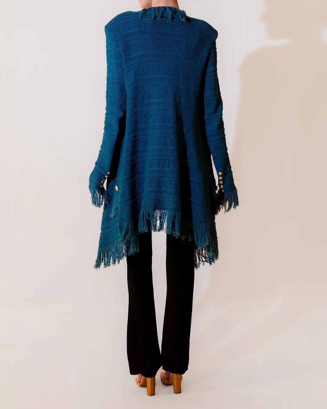 Blue Textured Knit Fringed Open Front