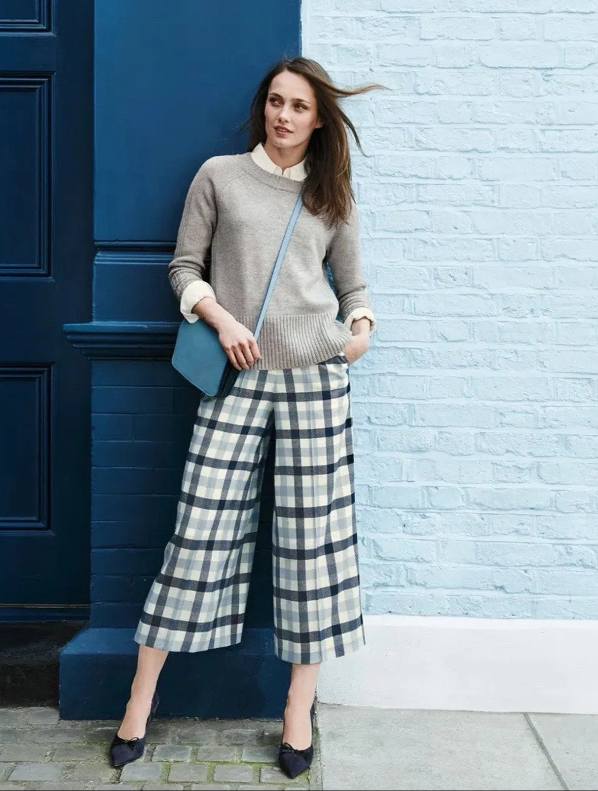 Boden Women's British Tweed Culottes Blue Plaid Cropped Wool Blend Pants 4P