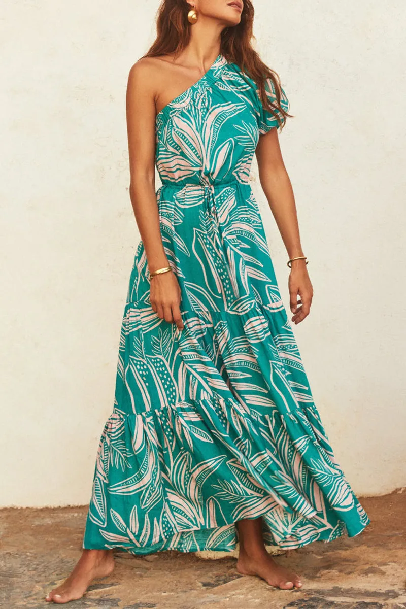 Bohemian Elegant Floral Frenulum Oblique Collar Printed Dresses