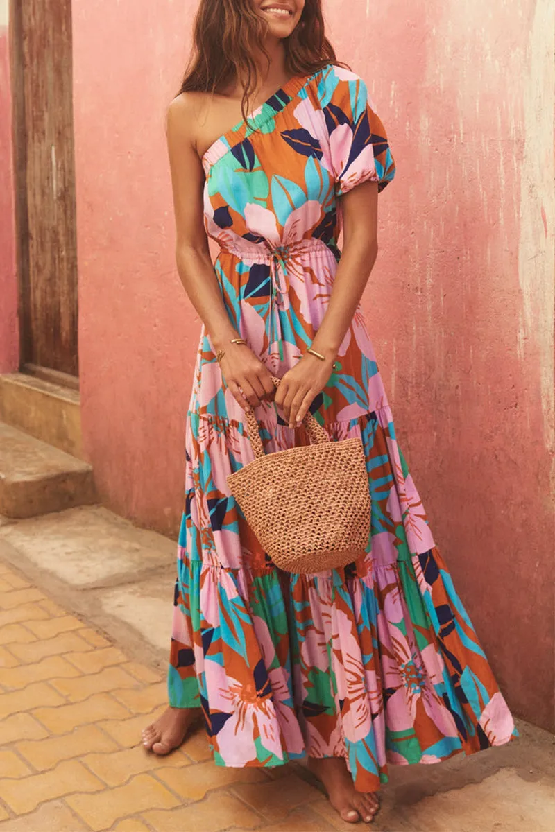Bohemian Elegant Floral Frenulum Oblique Collar Printed Dresses