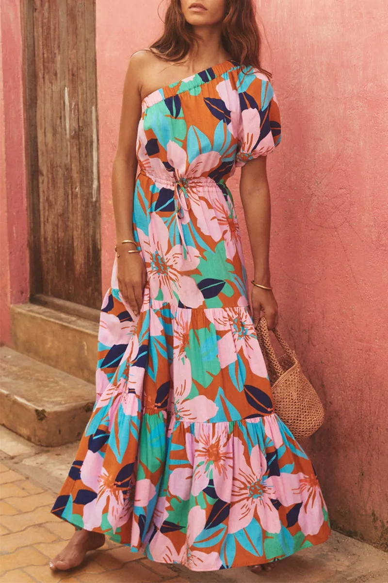 Bohemian Elegant Floral Frenulum Oblique Collar Printed Dresses