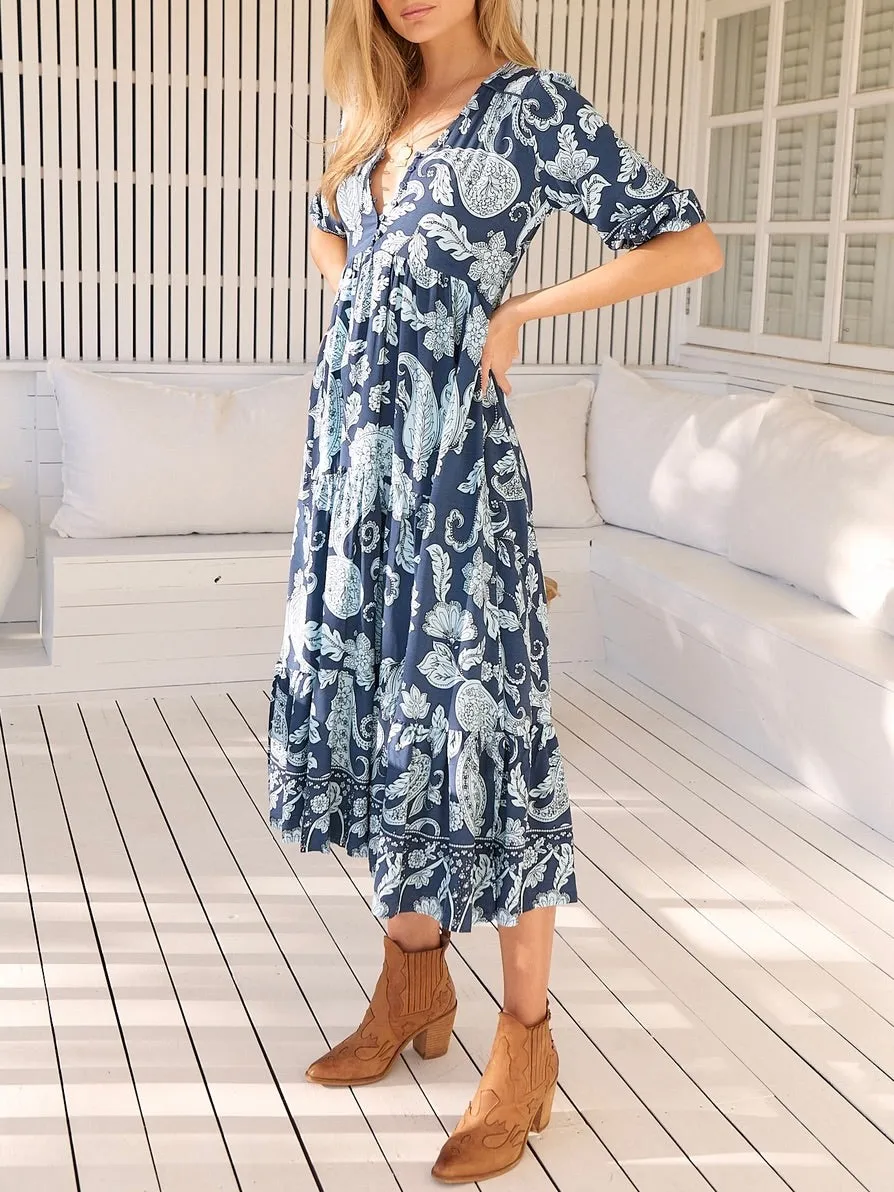Bordeaux Print Midi Dress - Blue