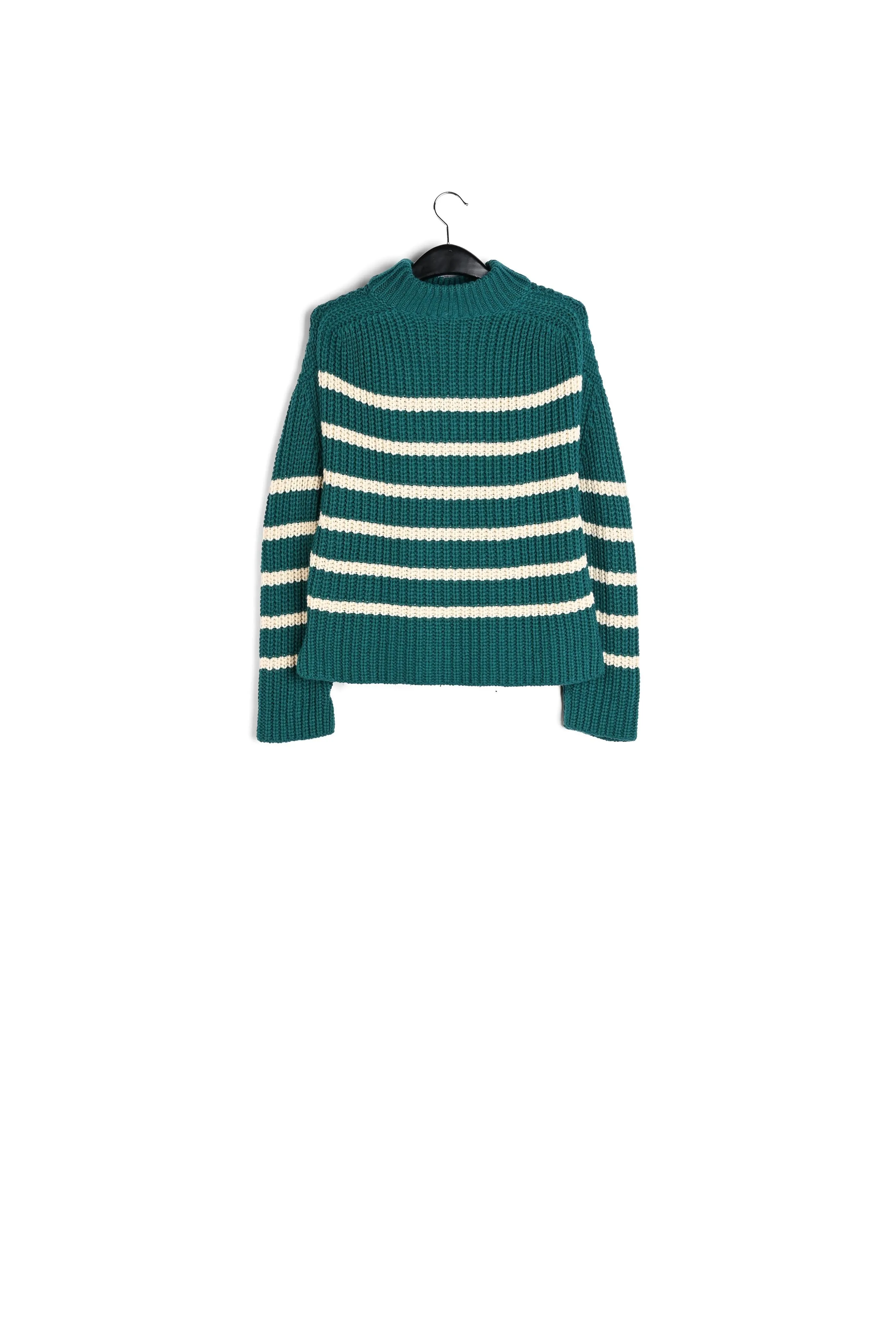 Bottle green and off-white striped ribbed-knit sweater