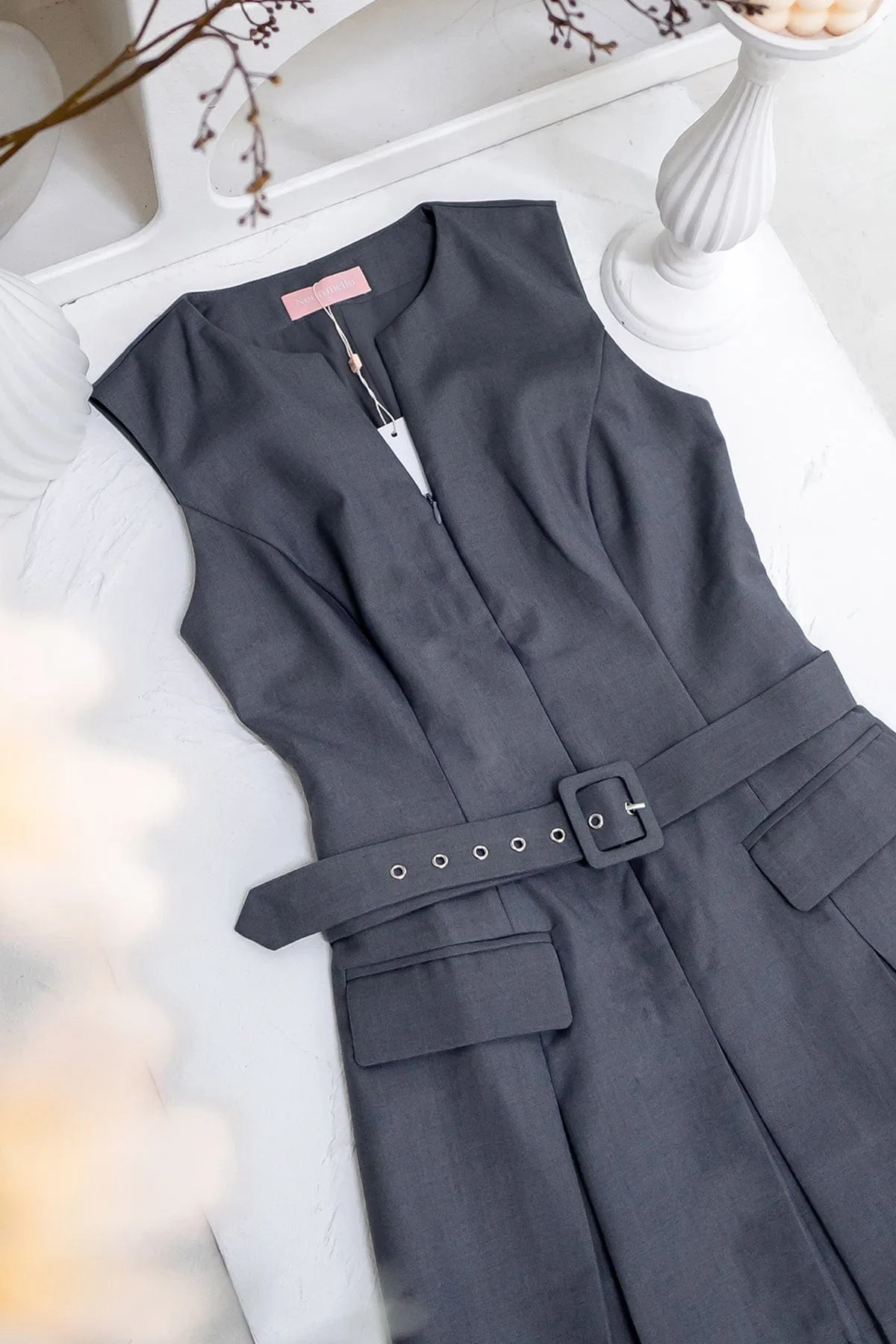 BRANDY PLEAT BELTED DRESS IN STEEL