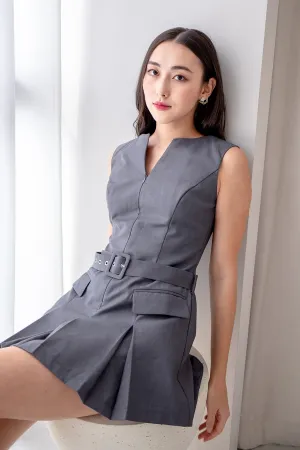 BRANDY PLEAT BELTED DRESS IN STEEL