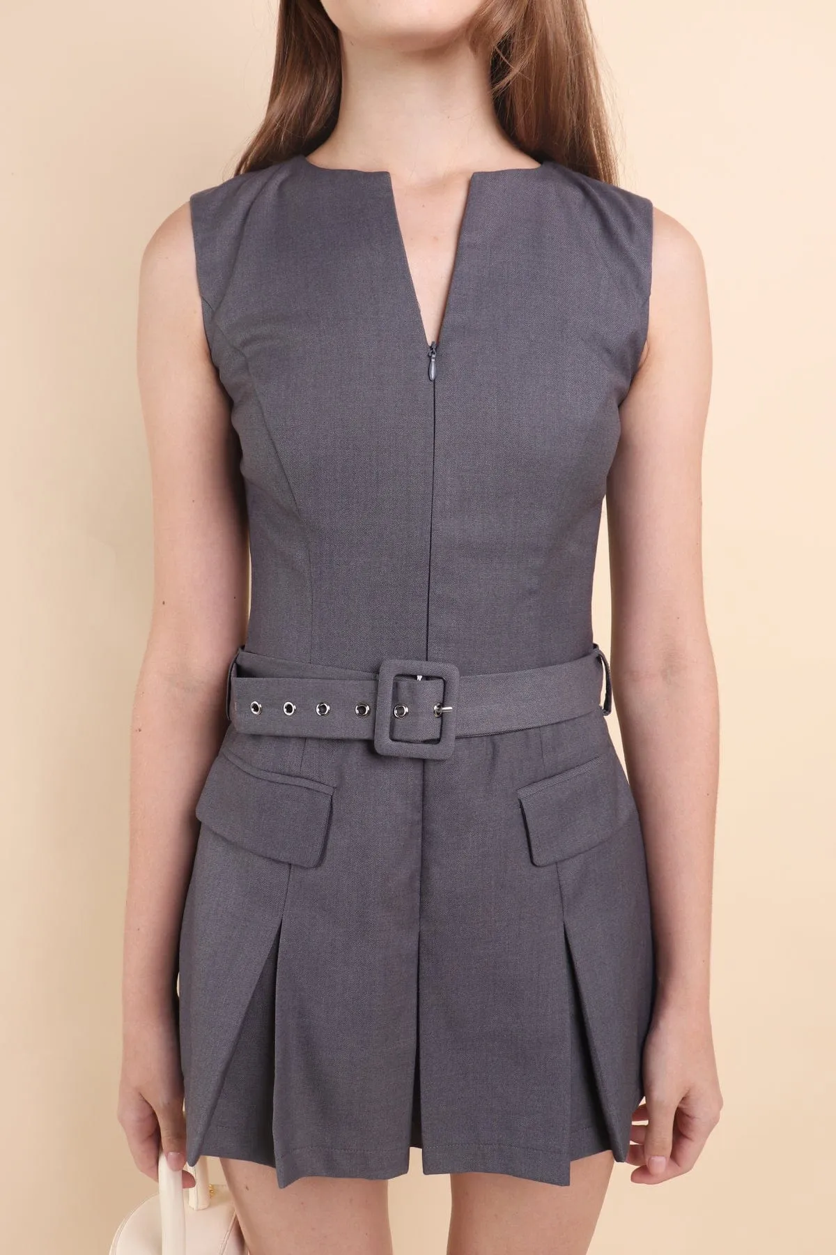 BRANDY PLEAT BELTED DRESS IN STEEL