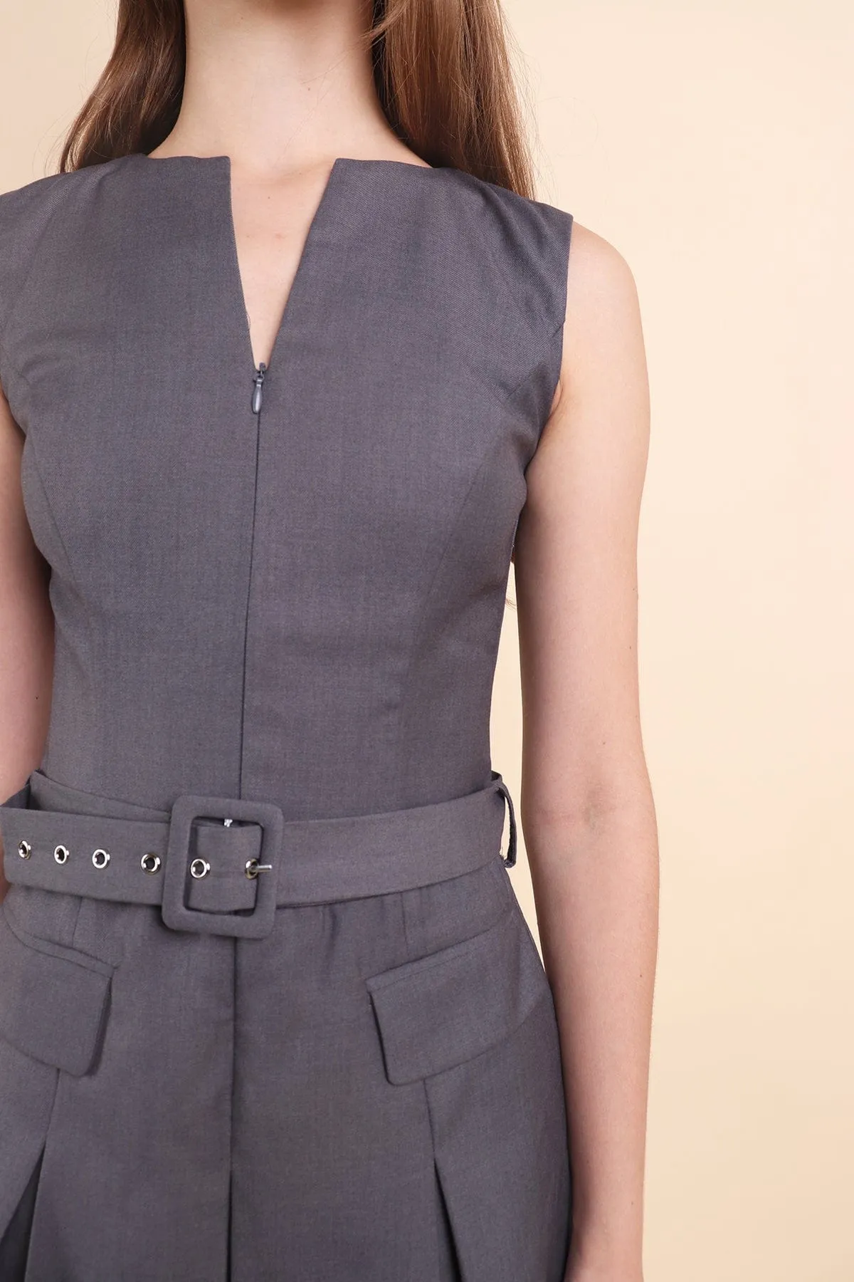 BRANDY PLEAT BELTED DRESS IN STEEL