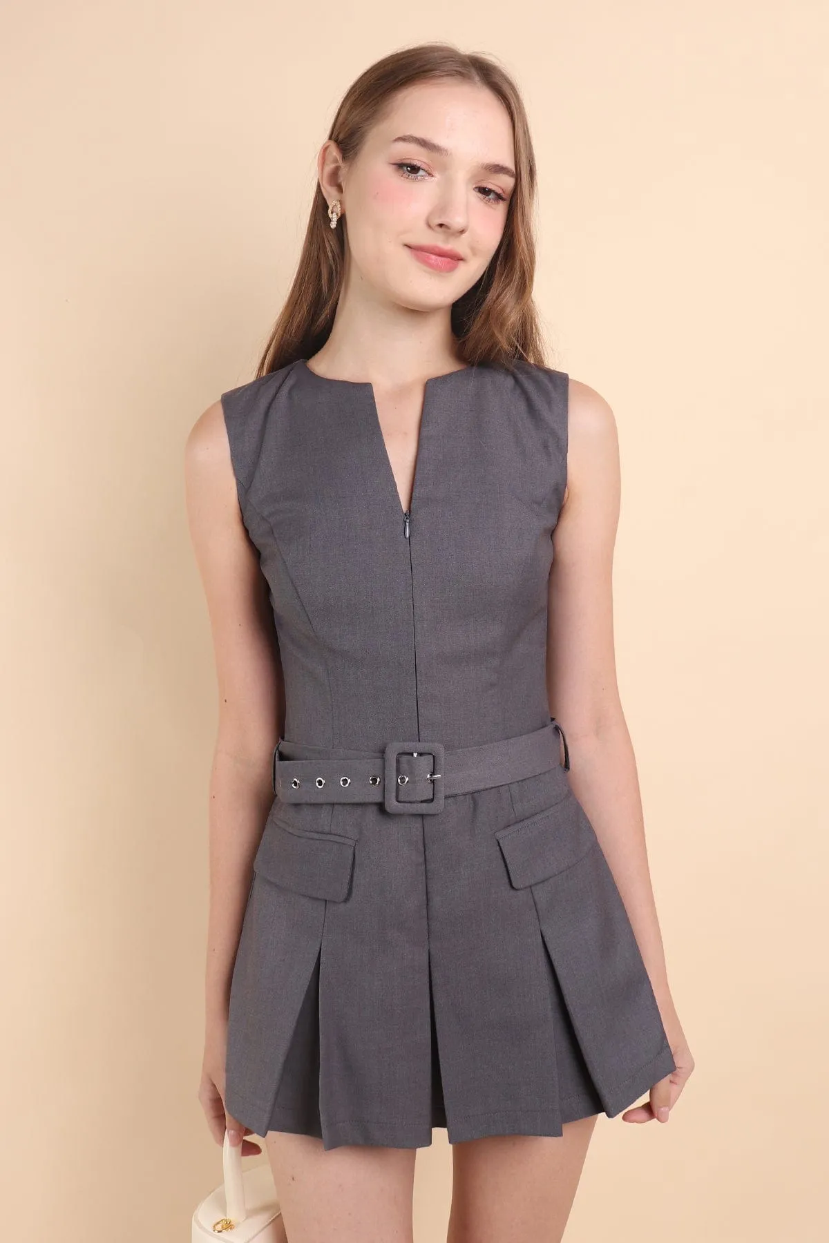 BRANDY PLEAT BELTED DRESS IN STEEL