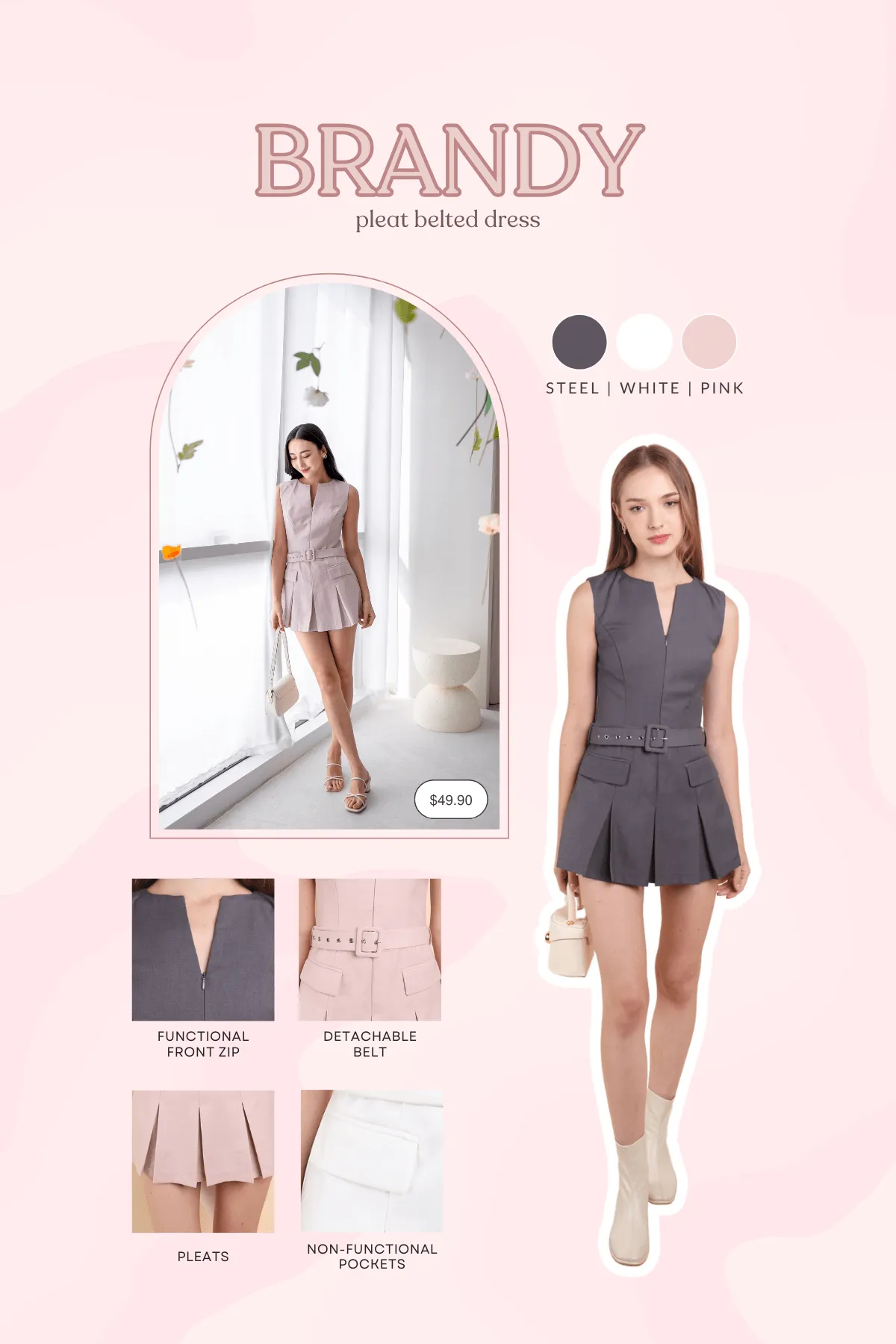 BRANDY PLEAT BELTED DRESS IN STEEL