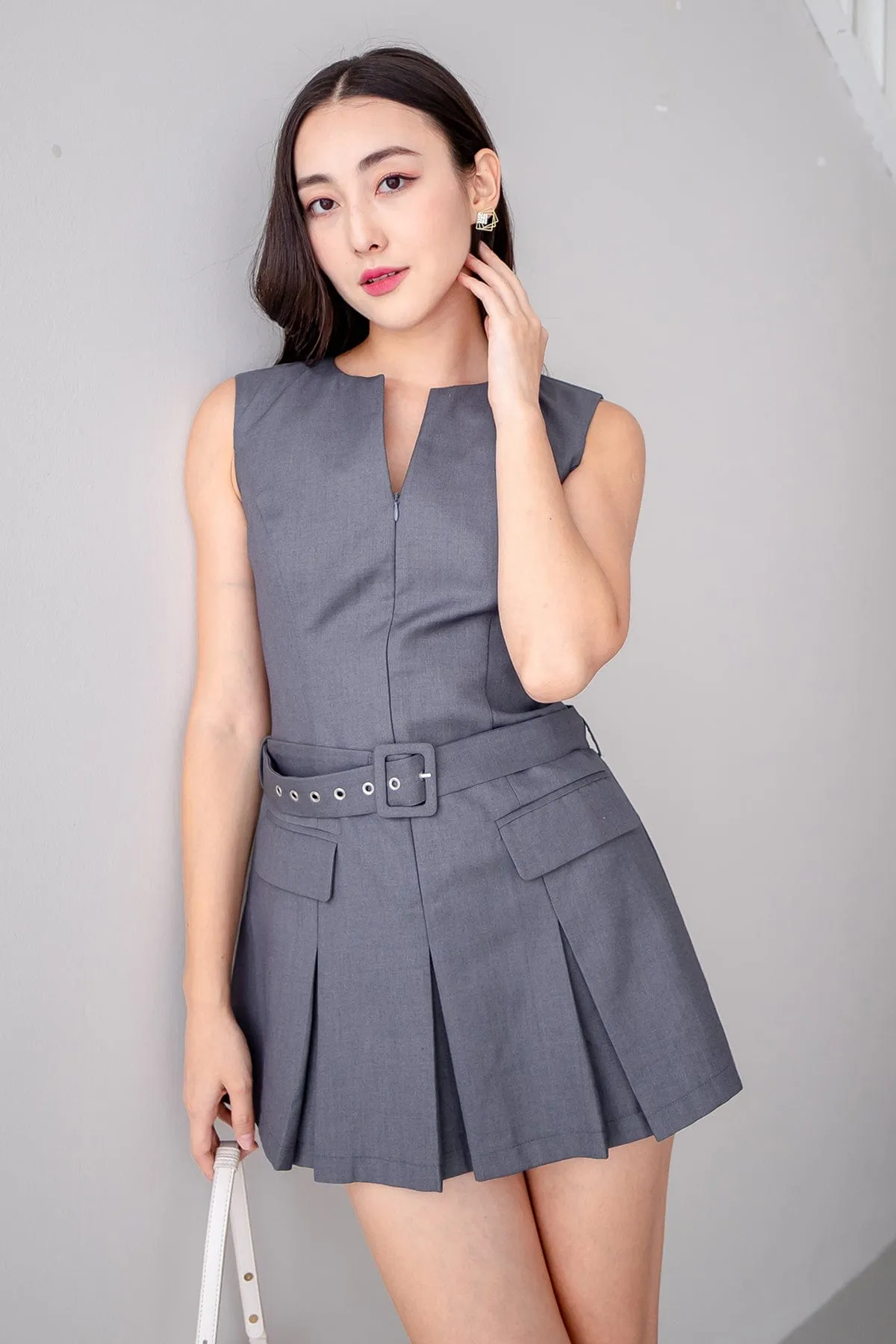 BRANDY PLEAT BELTED DRESS IN STEEL