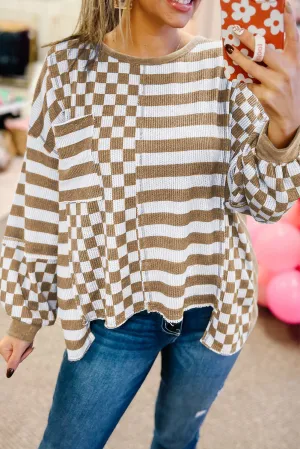 Brown Checkered Striped Patched Buttoned V Neck Cardigan