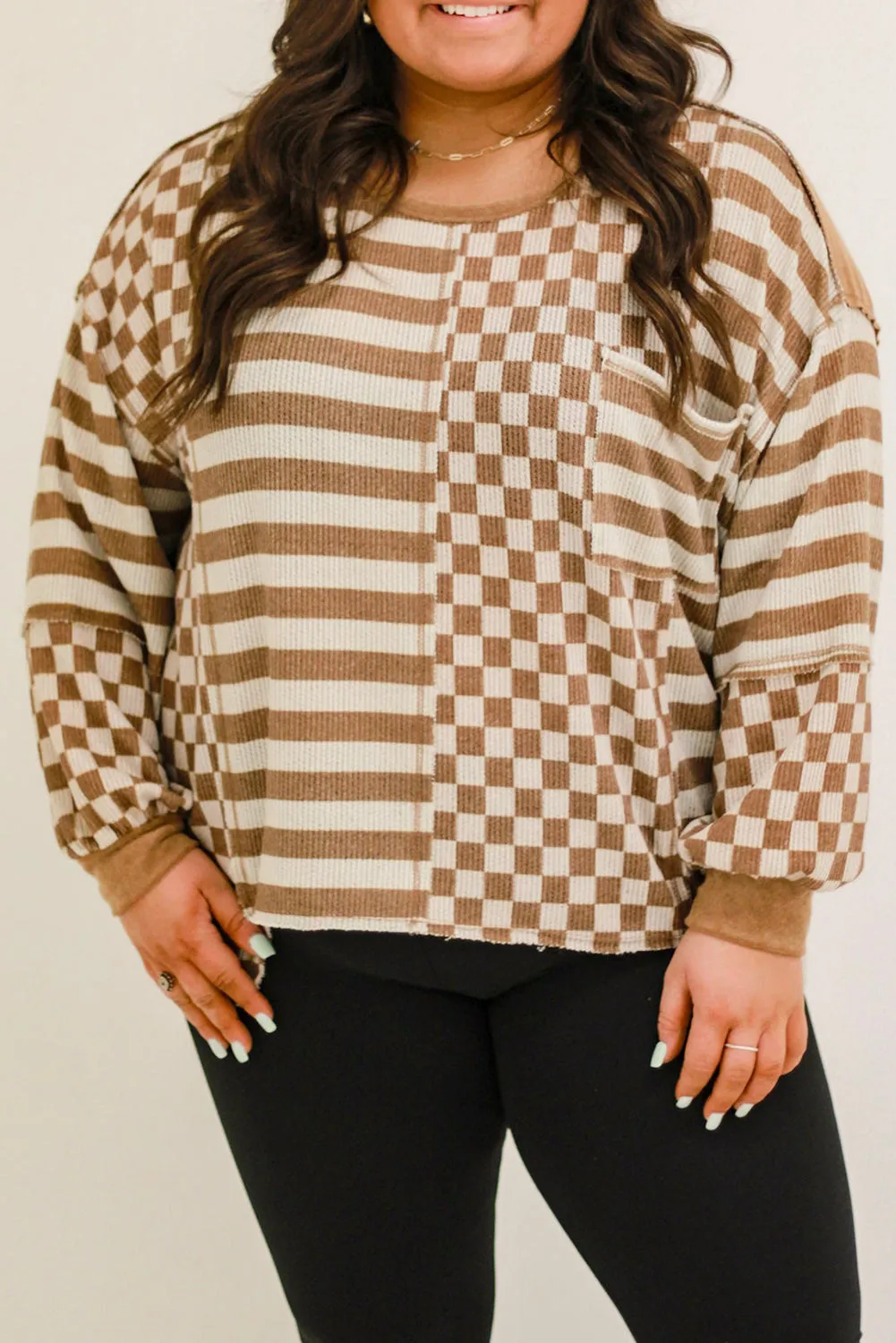 Brown Checkered Striped Patched Buttoned V Neck Cardigan
