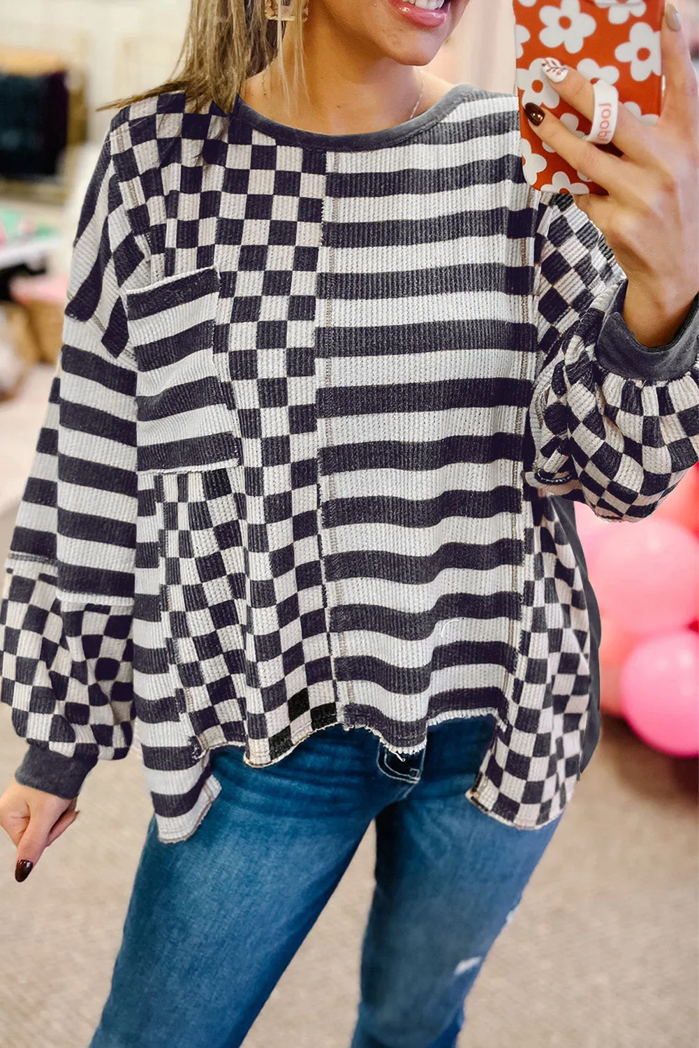Brown Checkered Striped Patched Buttoned V Neck Cardigan