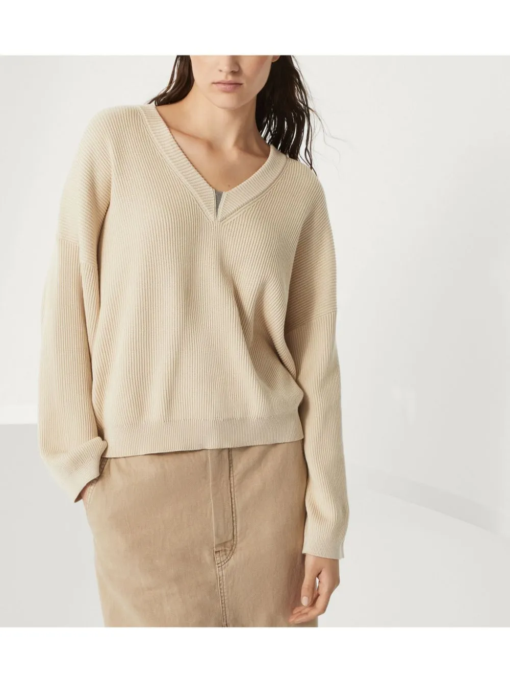 Brunello Cucinelli Cotton English Rib Sweater With Shiny Detail