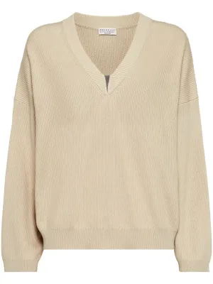 Brunello Cucinelli Cotton English Rib Sweater With Shiny Detail