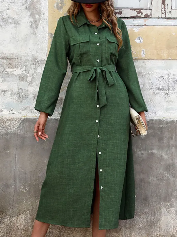 Button-Down Midi Dress with Lapel Collar and Belted Waist
