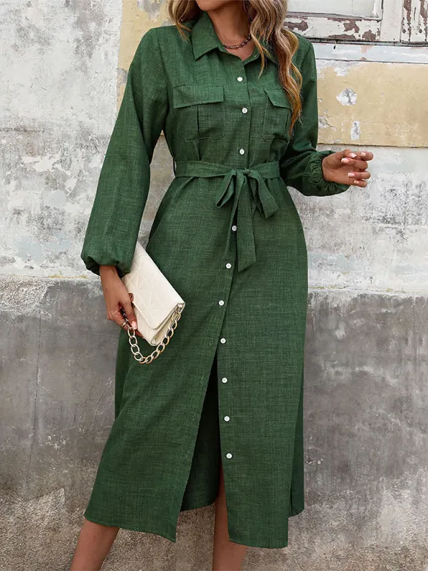 Button-Down Midi Dress with Lapel Collar and Belted Waist