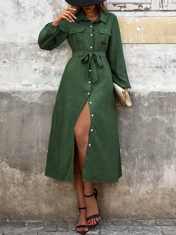 Button-Down Midi Dress with Lapel Collar and Belted Waist