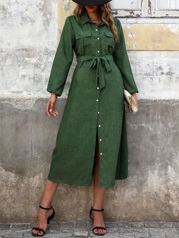 Button-Down Midi Dress with Lapel Collar and Belted Waist