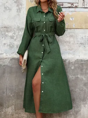 Button-Down Midi Dress with Lapel Collar and Belted Waist