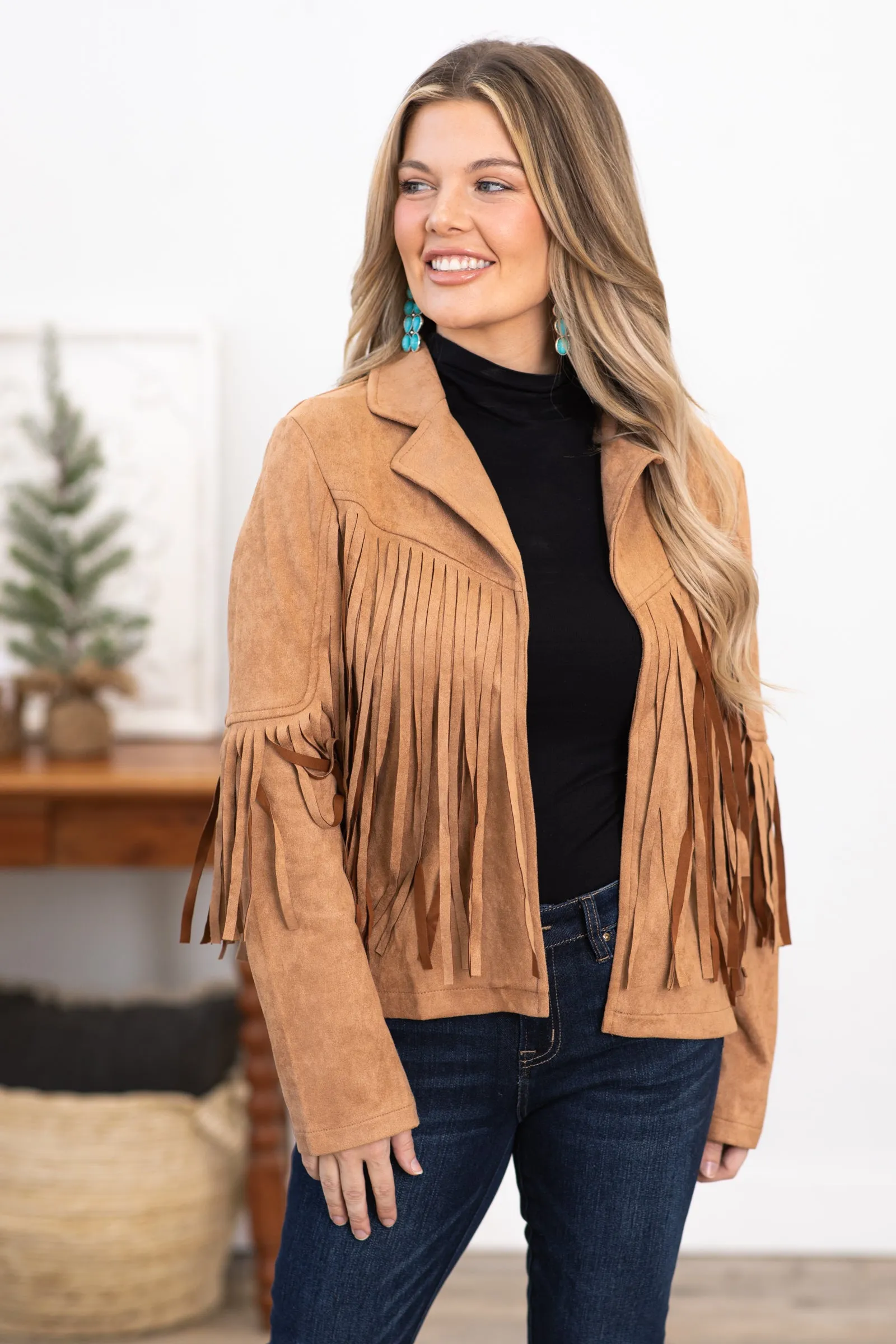 Camel Vegan Suede Jacket With Fringe