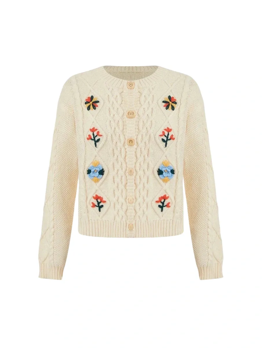 Cassandra Floral Pattern Knit Cardigan in Apricot