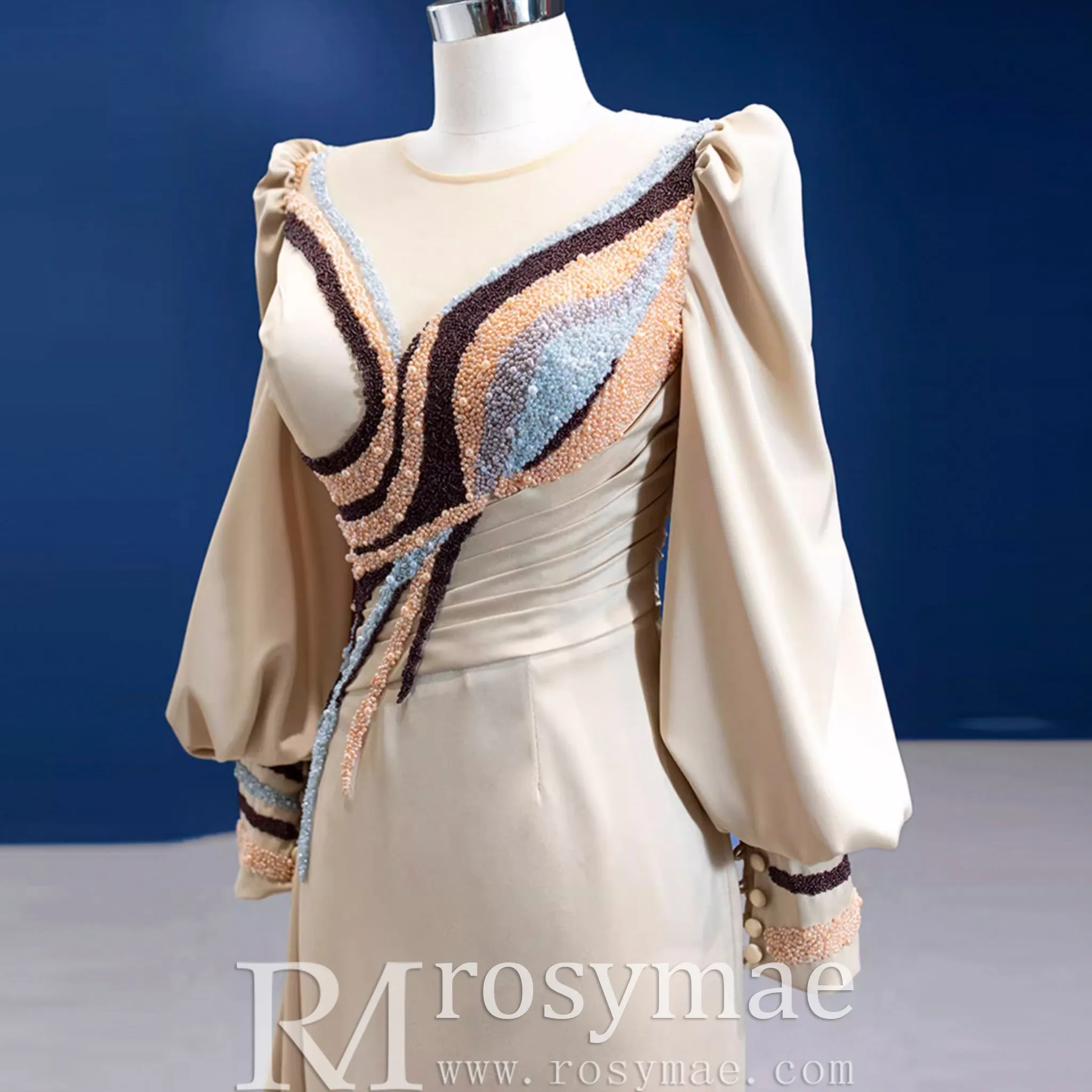 Champagne Satin Evening Dress Fit Flare Long Sleeve Party Formal Dress