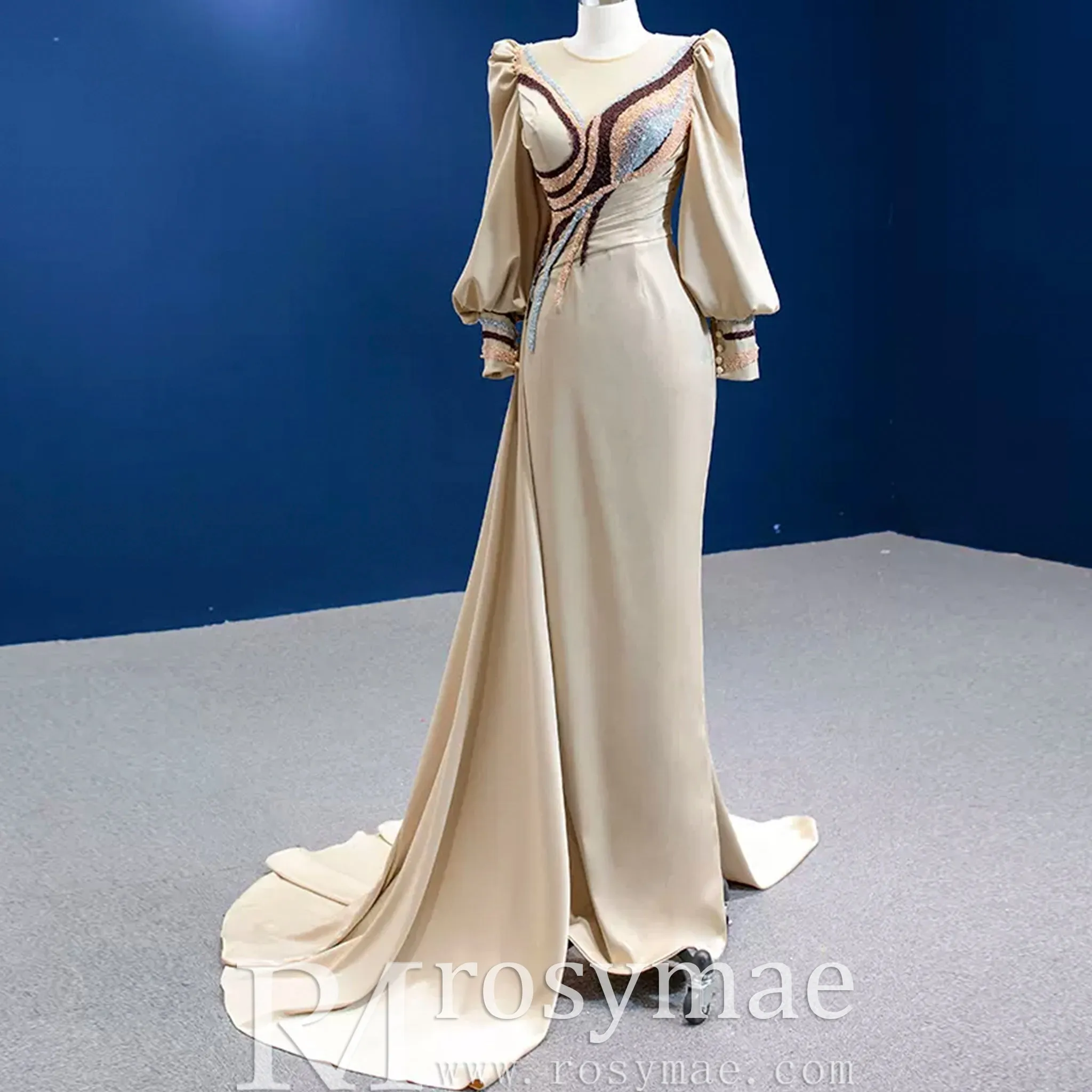 Champagne Satin Evening Dress Fit Flare Long Sleeve Party Formal Dress