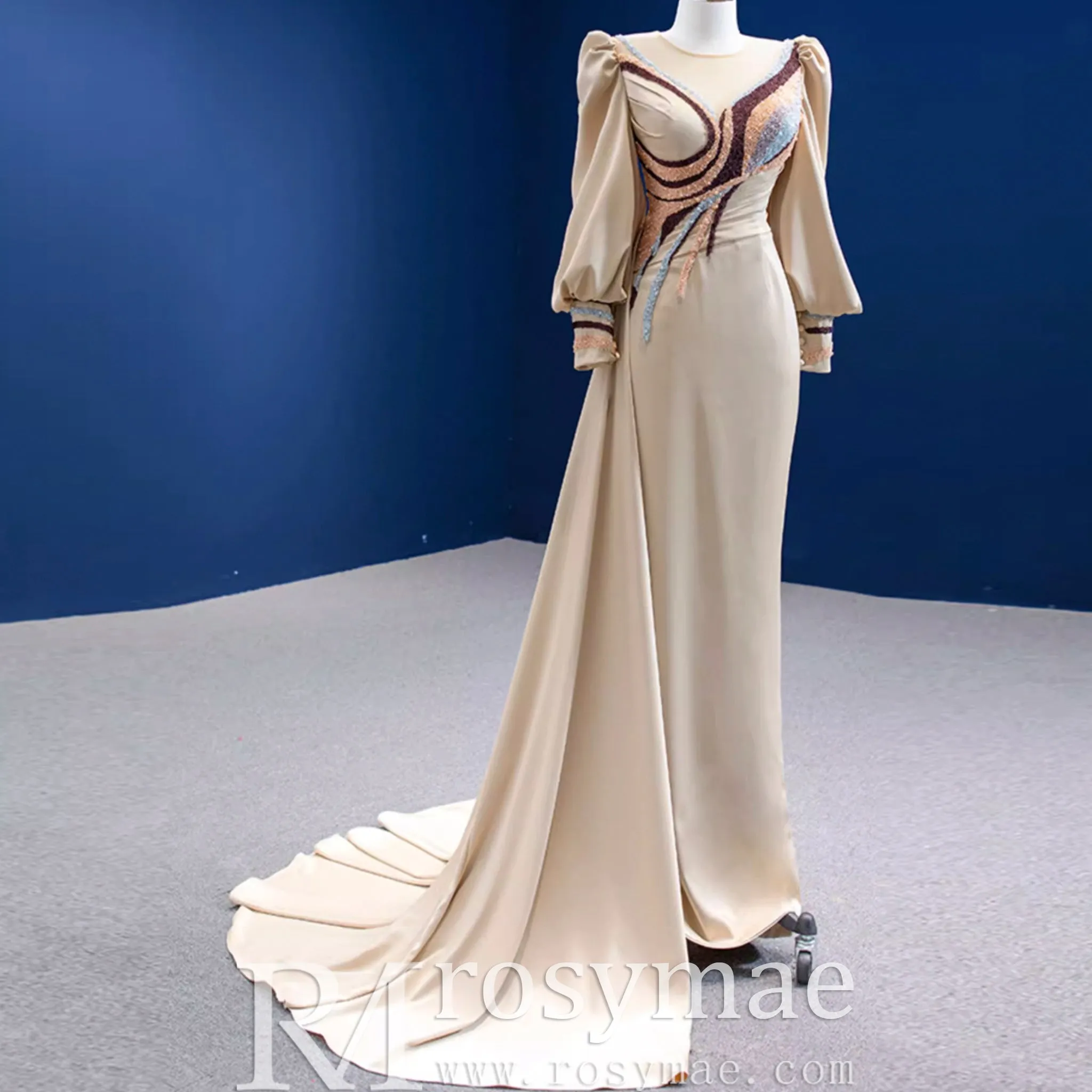 Champagne Satin Evening Dress Fit Flare Long Sleeve Party Formal Dress