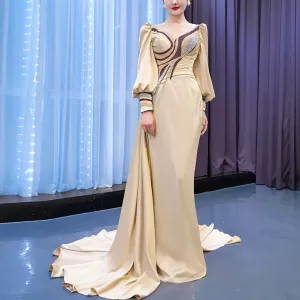 Champagne Satin Evening Dress Fit Flare Long Sleeve Party Formal Dress