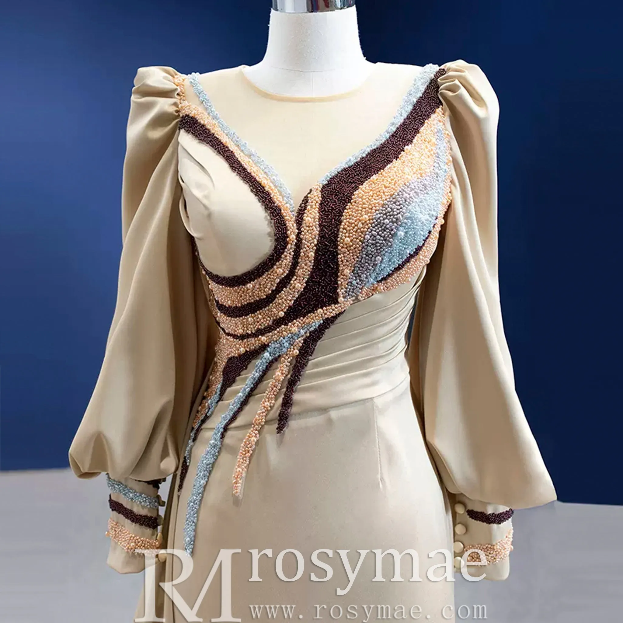 Champagne Satin Evening Dress Fit Flare Long Sleeve Party Formal Dress