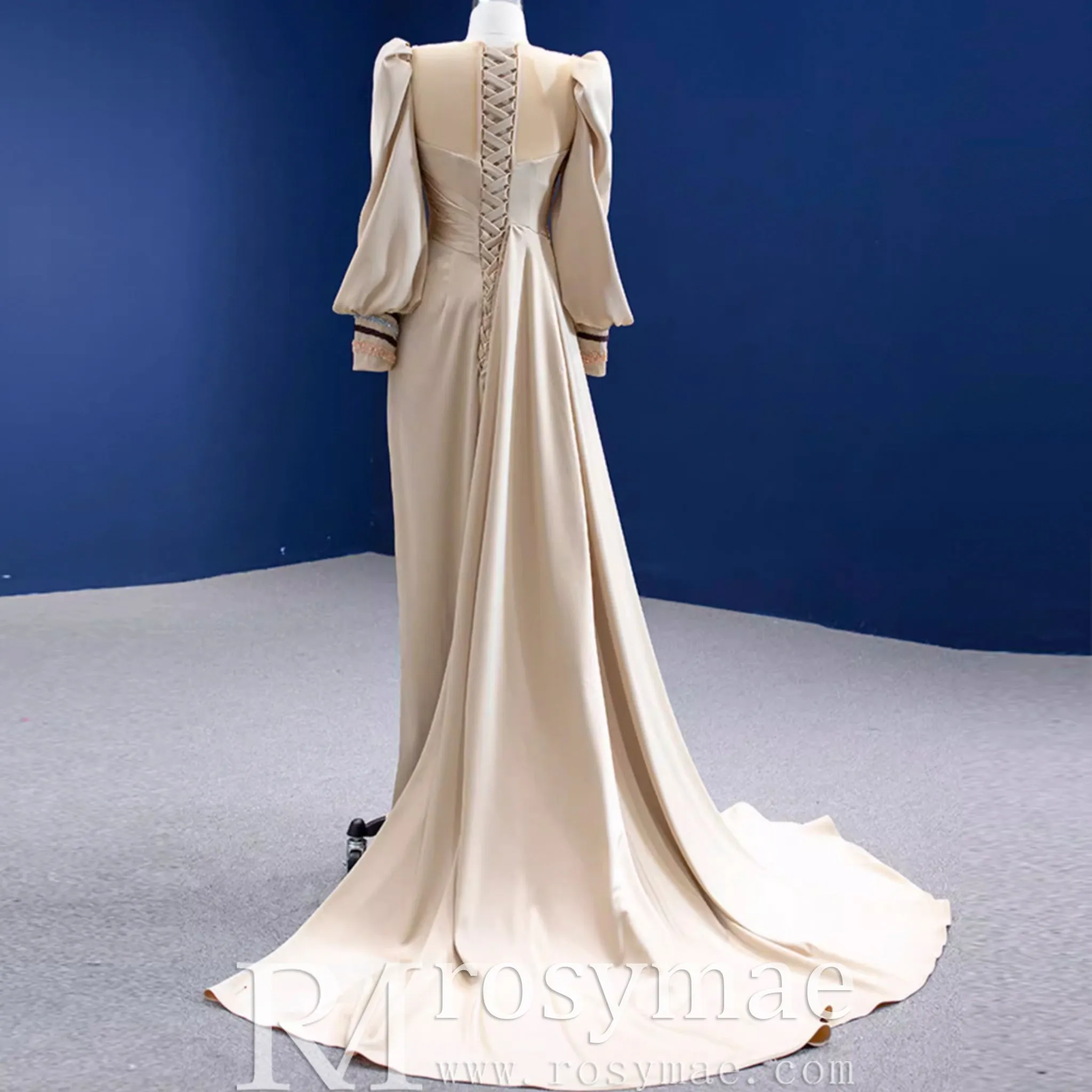 Champagne Satin Evening Dress Fit Flare Long Sleeve Party Formal Dress