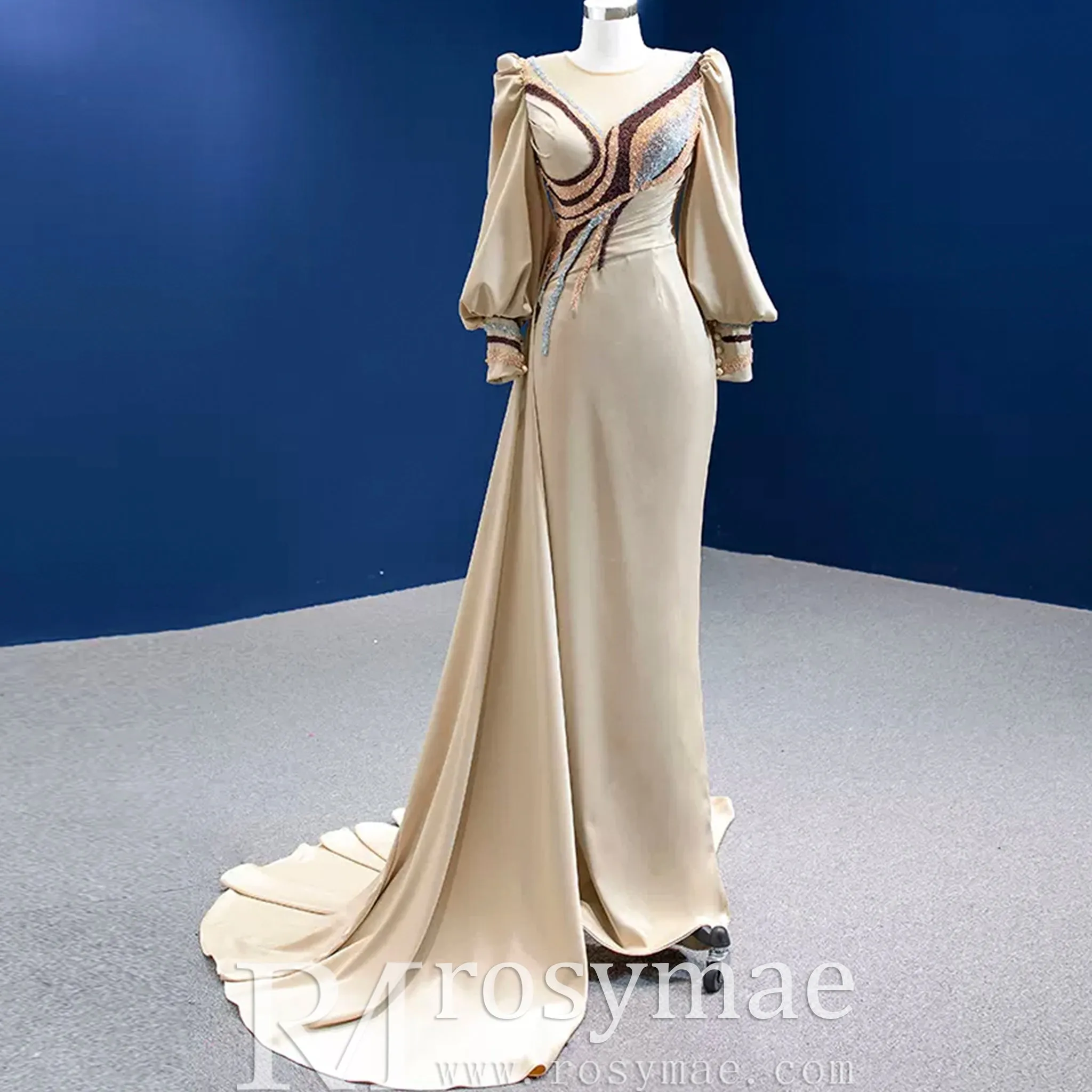 Champagne Satin Evening Dress Fit Flare Long Sleeve Party Formal Dress