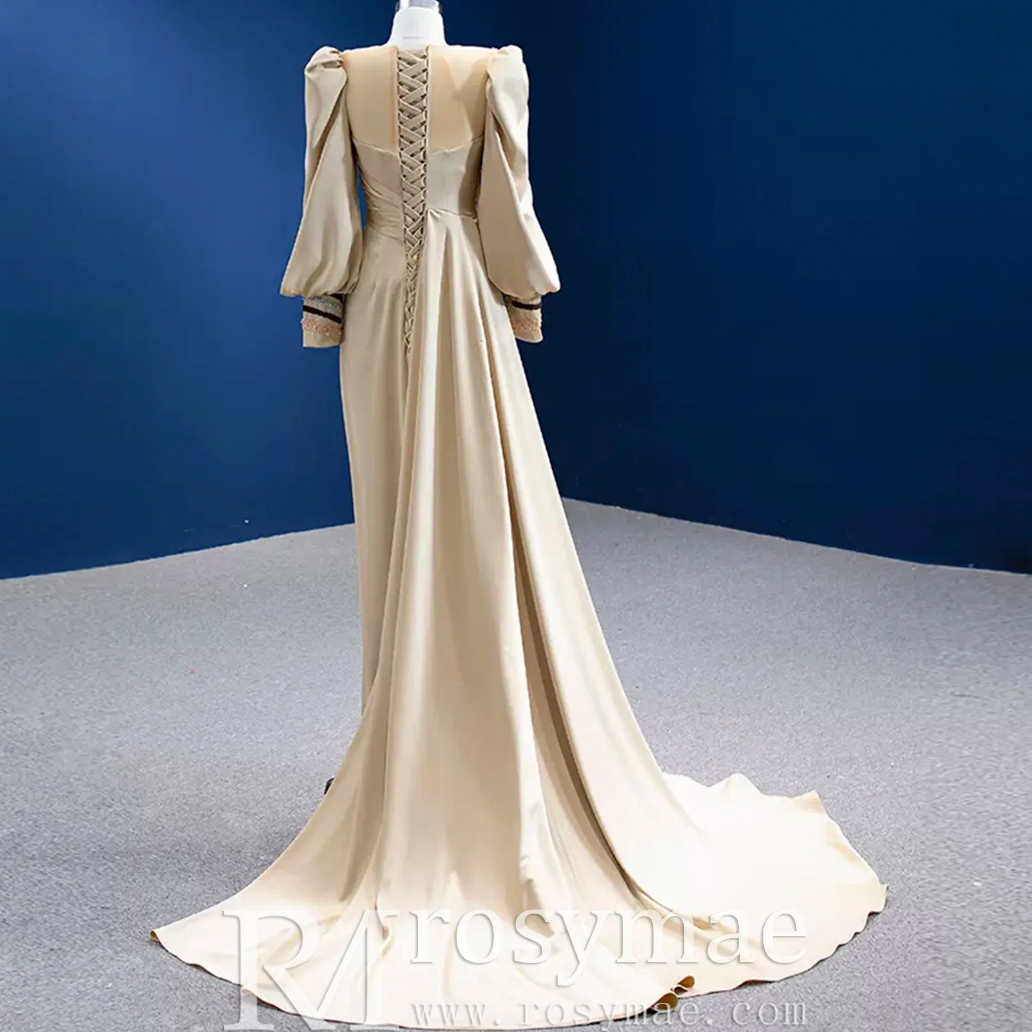 Champagne Satin Evening Dress Fit Flare Long Sleeve Party Formal Dress