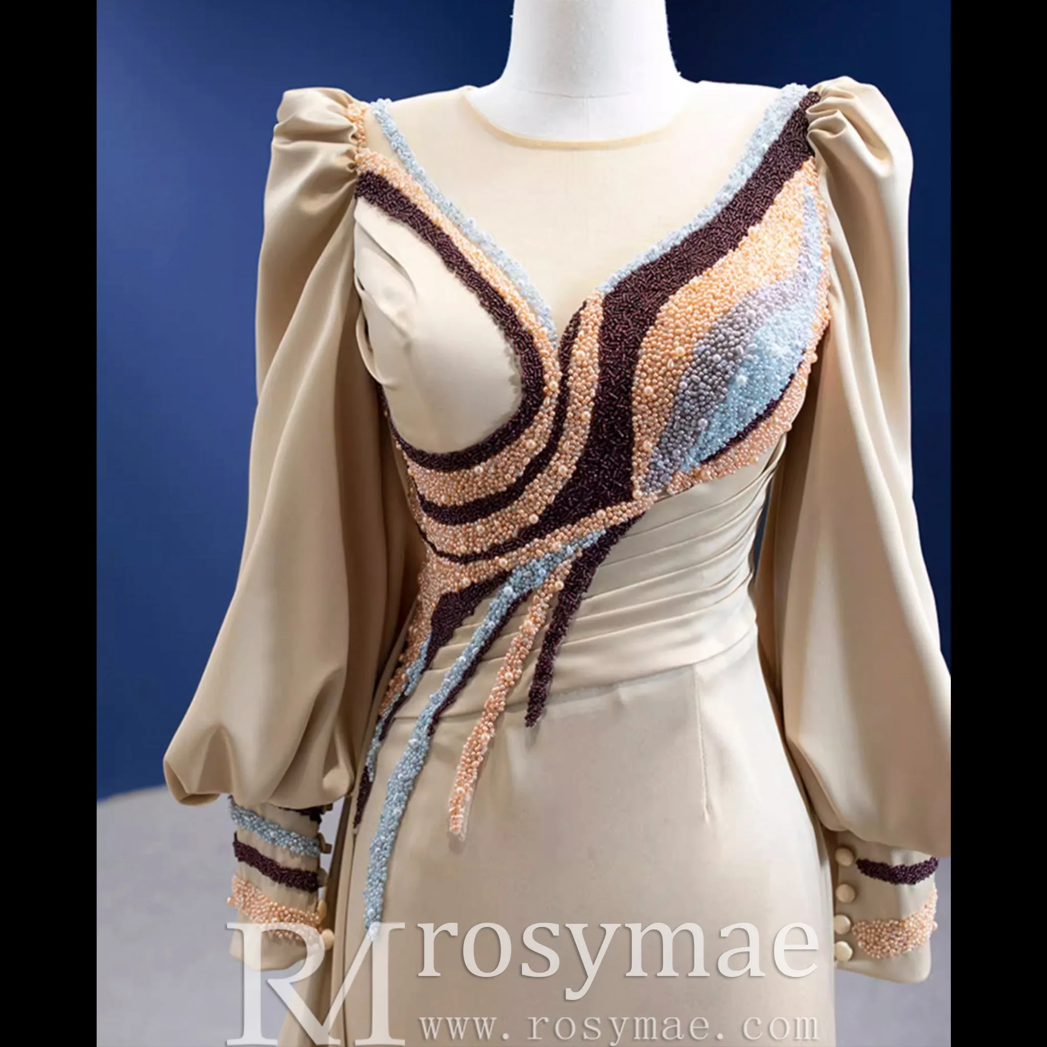 Champagne Satin Evening Dress Fit Flare Long Sleeve Party Formal Dress