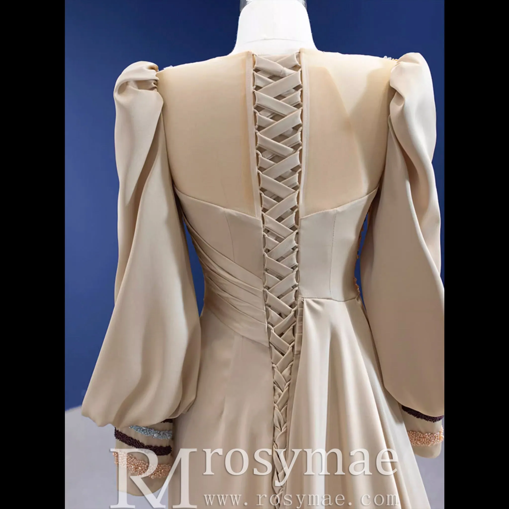 Champagne Satin Evening Dress Fit Flare Long Sleeve Party Formal Dress