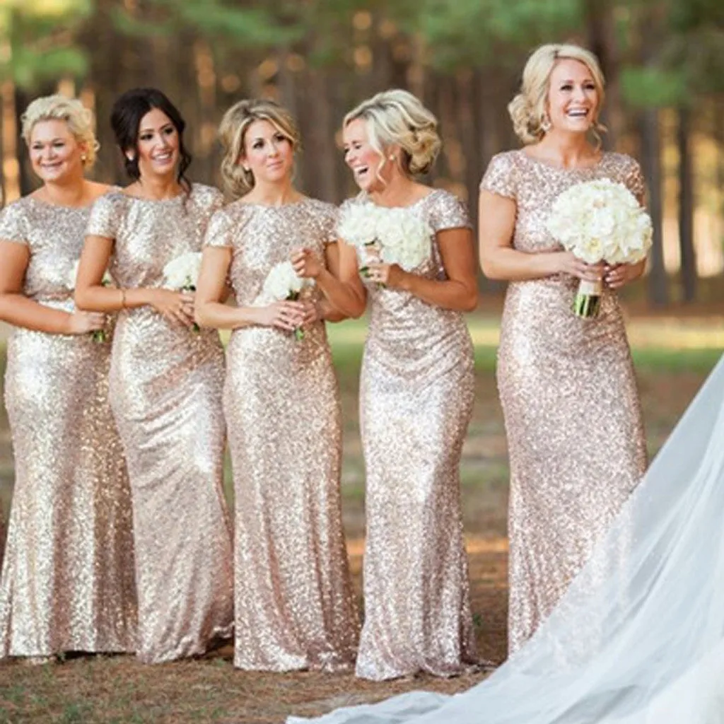 Charming Mermaid Short Sleeve Sequin Long Bridesmaid Dresses, BG51317