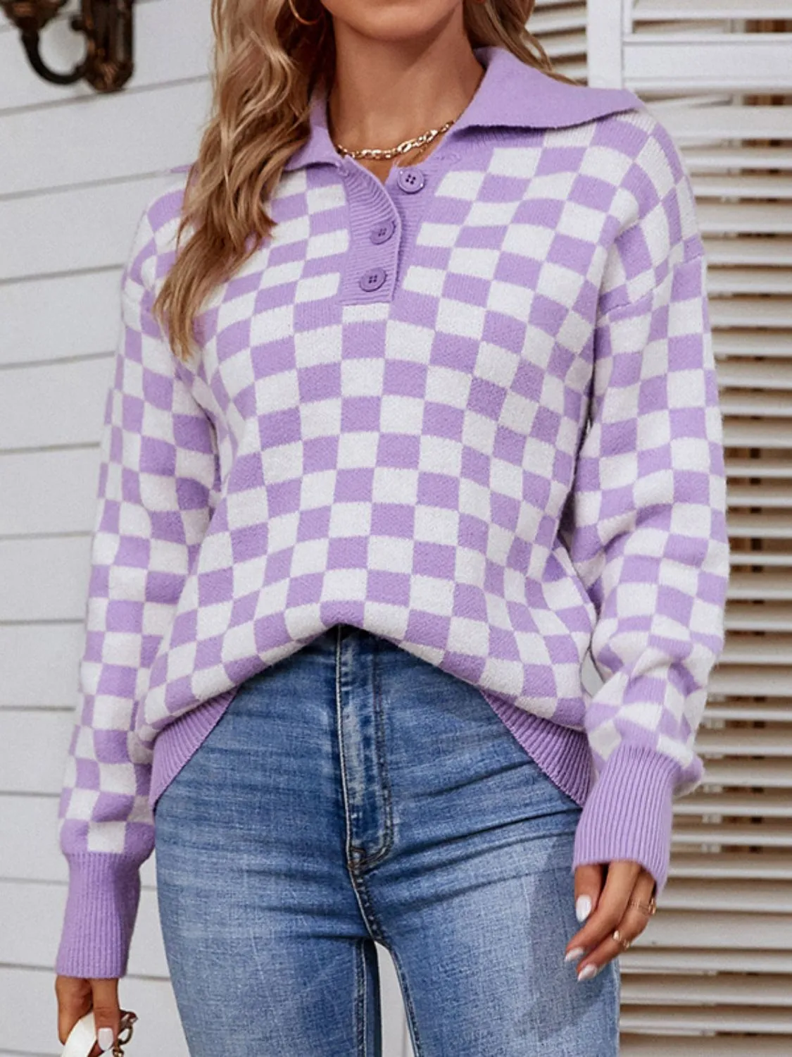 Checkerboard Quarter Button Collared Sweater